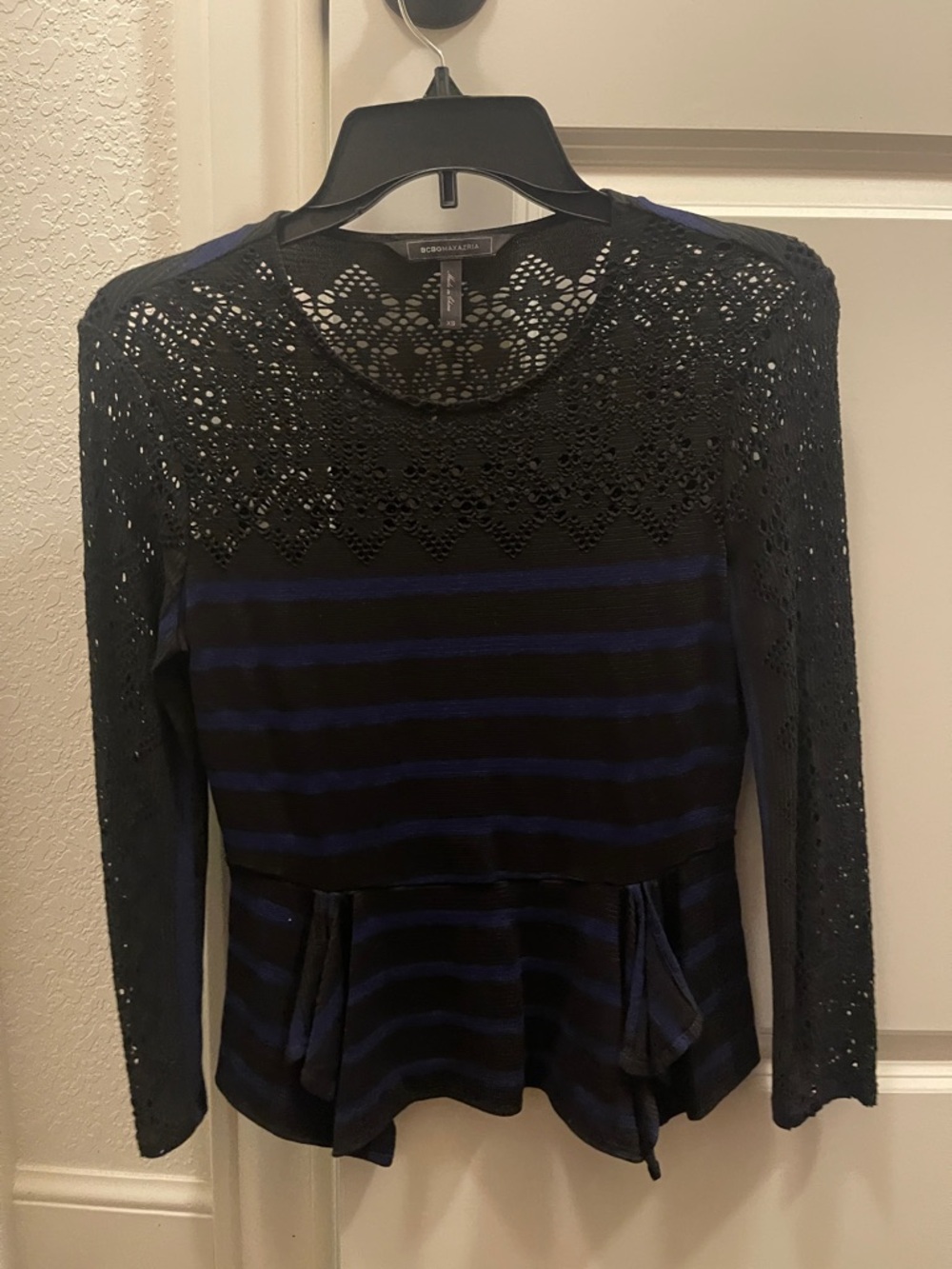 BCBGMaxAzria Black and Navy Lace-Trim Striped Peplum Top